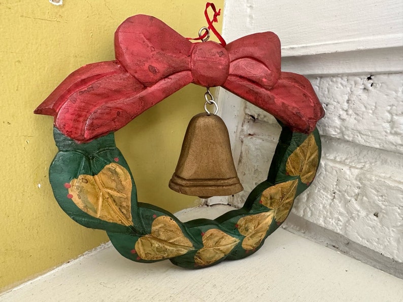 Farmhouse Chic Wooden Christmas Wreath with Hanging Wood Bell image 1