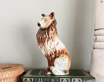 Vintage Collie Shepherd Dog Figurine, Glazed Ceramic, Made in Brazil