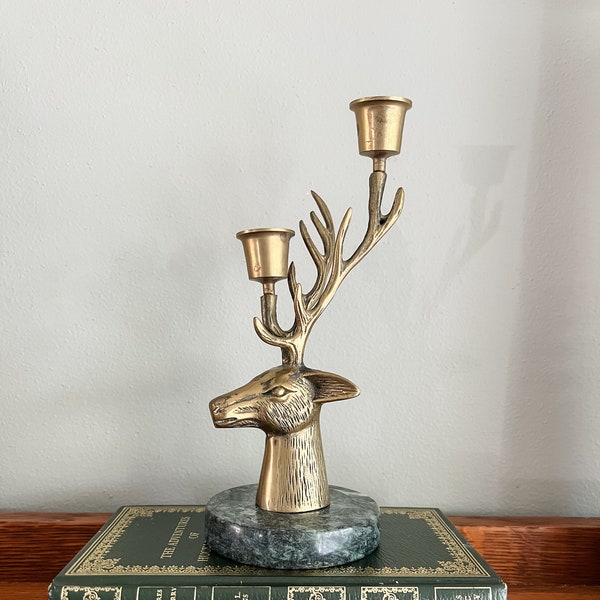 Vintage Brass Deer Stag Candlestick Candle Holder with Marble Base