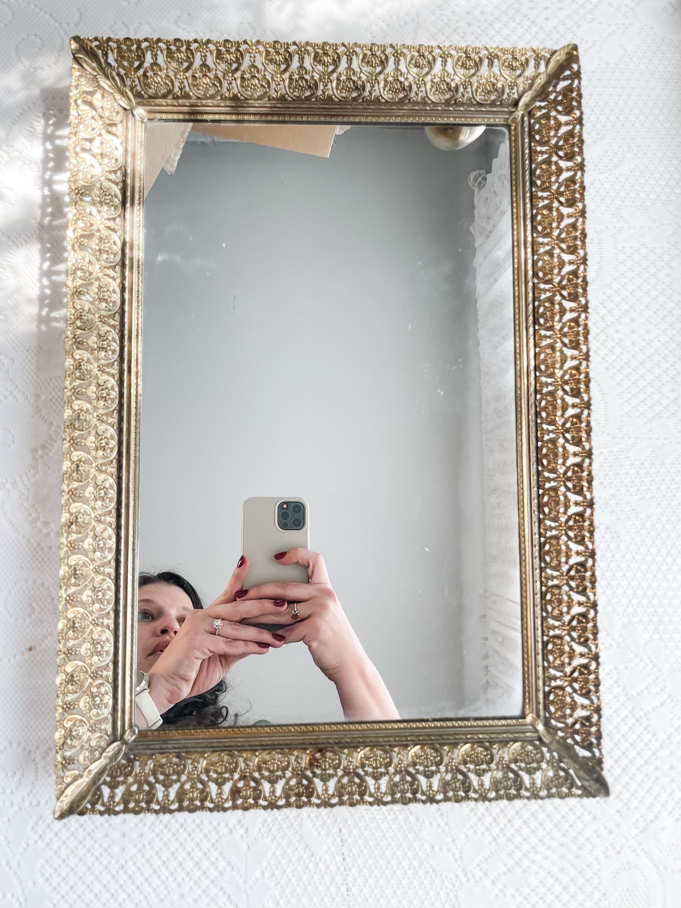 Vintage Gold Metal Dressing Table Mirror with Removable Back; Vintage  Dressing Table Mirror, 11 x 16.25