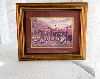 Vintage English Hunt Horse and Dogs Scene Picture Print with Wood Frame, 10.5” x 12.5”