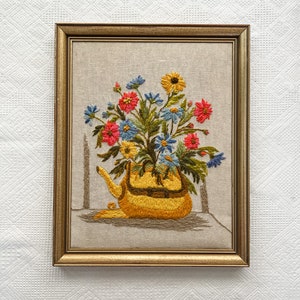 Vintage Floral Embroidery Crewel of Flowers in a Teapot in Gold Frame