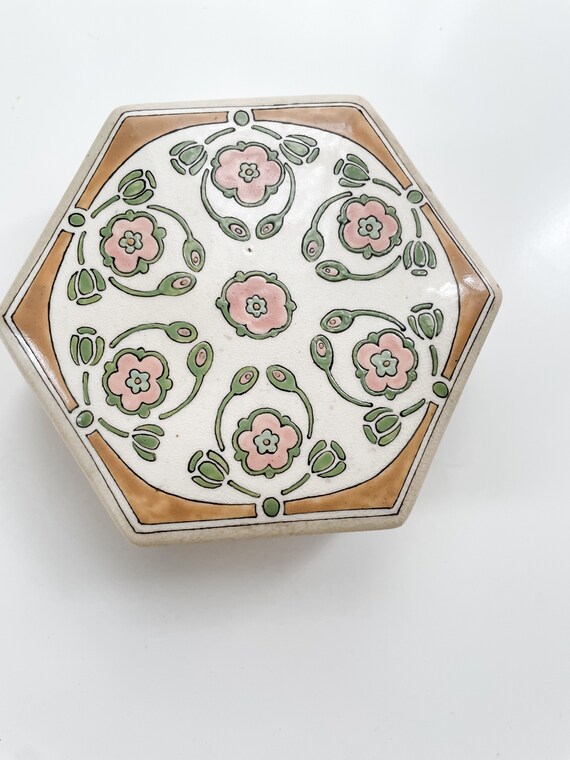 Vintage Handpainted Porcelain Floral Green and Pin