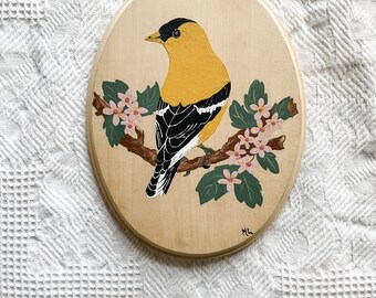 Finch Bird Oval Handpainted Plaque Wooden Wall Decor