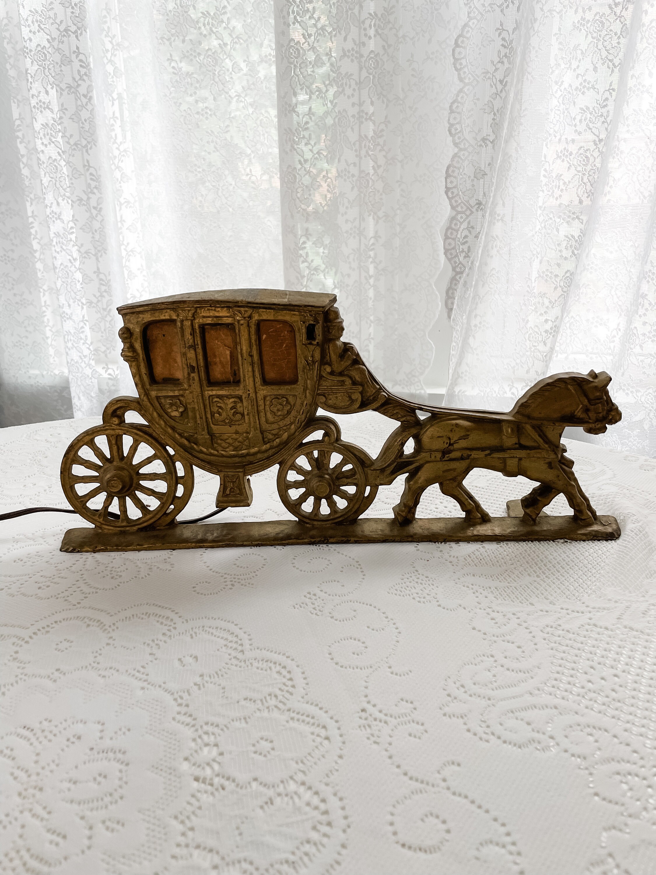 Vintage Cast Iron Horse Drawn Carriage Light With Gold Brass