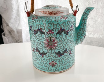 Chinese Porcelain Famille Verde Enamel, Famille Rose Floral Motif Vintage Teapot