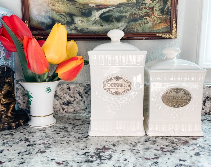 White Ceramic Coffee and Sugar Vintage-Style Cannisters