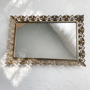Vintage Gold Metal Filigree Dressing Table Mirror with Removable Back; Vintage Dressing Table Mirror, Gold Metal Filigree, 15x10