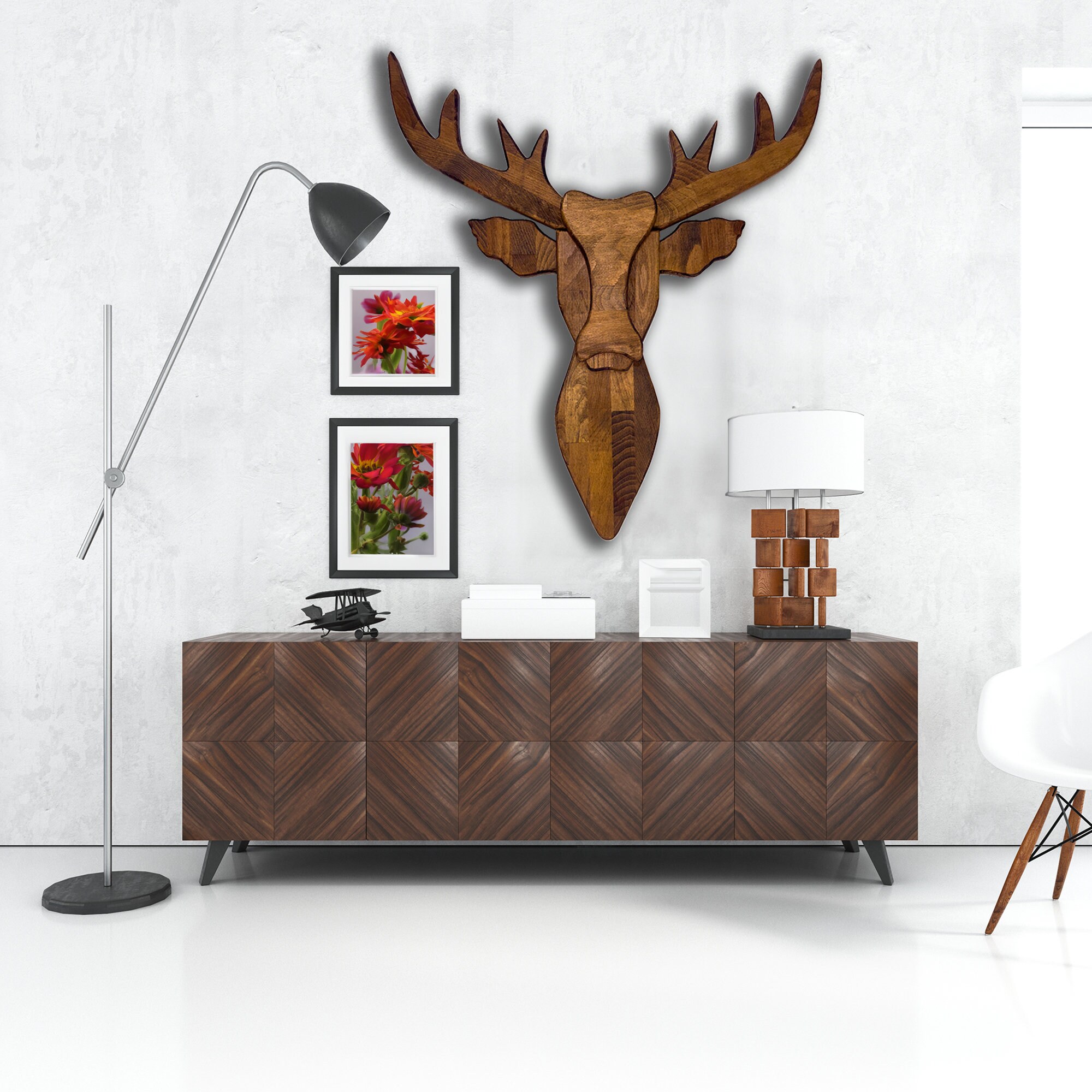Wooden Deer Head Wall Art Handmade Faux Taxidermy Wall Sculpture Living