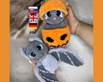 Crochet Halloween Pattern PDF- Crochet Kitten in a Pumpkin Pattern - Crochet Bat Pattern - Crochet Halloween Cat Pattern