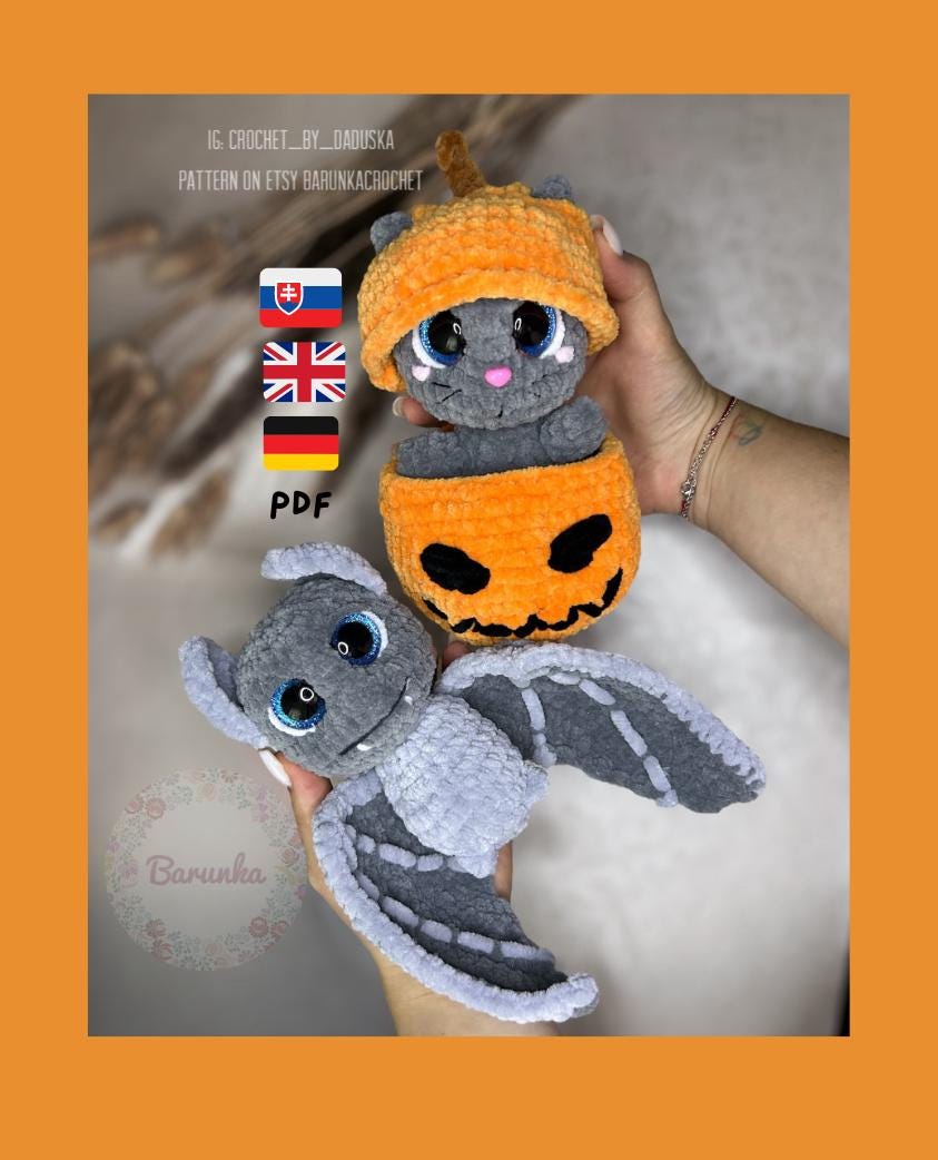 Schema all'uncinetto per Halloween in PDF - Schema all'uncinetto per gattino in una zucca - Schema all'uncinetto per pipistrello - Schema all'uncinetto per gatto di Halloween