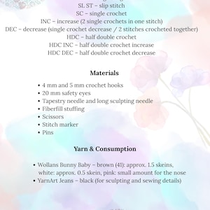 May include: A page from a crochet pattern with a floral design in the upper corners. The text lists crochet abbreviations, materials like 4 mm and 5 mm crochet hooks, and yarn consumption details for a project.