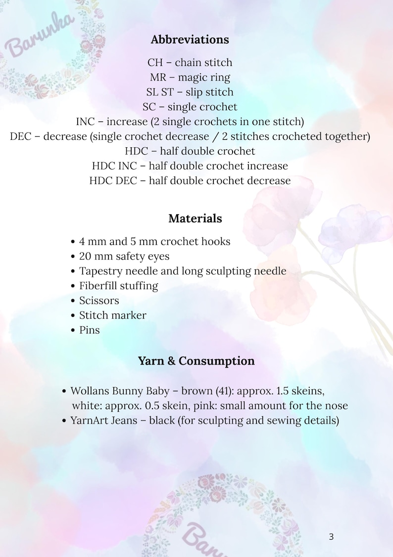 May include: A page from a crochet pattern with a floral design in the upper corners. The text lists crochet abbreviations, materials like 4 mm and 5 mm crochet hooks, and yarn consumption details for a project.