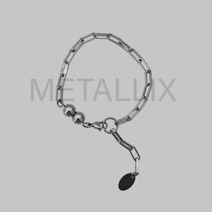May include: A silver-toned bracelet featuring a chain link design with three spherical beads and a small oval charm. The word "METALLIX" is printed across the image. The bracelet is displayed against a gray background.