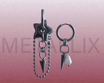 Mismatched Chunky Star Spike Hoop Earrings: Stainless Steel Grunge Chain, Faux Pearl , Chunky Star, Spike chain earrings