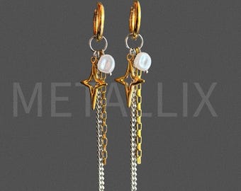 Mixed Metal Star x Pearl Chain earrings | Chain dangly earrings | grunge alt hoops | star chain earrings| gold and silver earrings