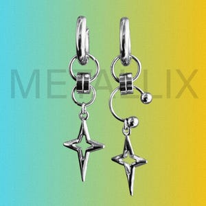 May include: A pair of silver-toned earrings with a starburst charm. The earrings have a hoop design with multiple connecting rings and a dangling star-shaped pendant. The background is a gradient of blue, green, and yellow, with the word "METALIX" in the center.