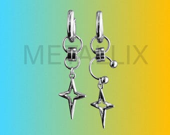 Mismatched Stainless Steel Star x Septum Hoop Earrings | Grunge Alt punk goth y2k jewelry | silver dangle earrings