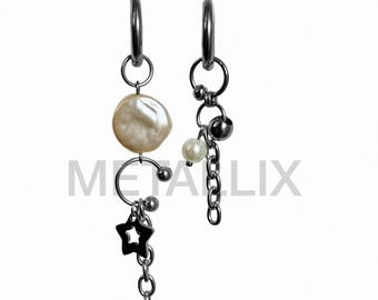 Stainless steel mismatched Pearl grunge alt hoops | unique chain earrings | silver dangly earrings | septum ring | tarnish free hoops