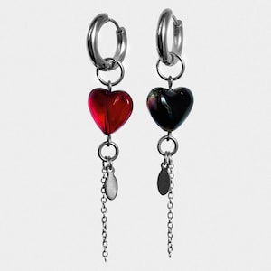 Stainless steel mismatched heart grunge alt hoops | unique chain earrings | silver dangly earrings | heart earrings | tarnish free hoops