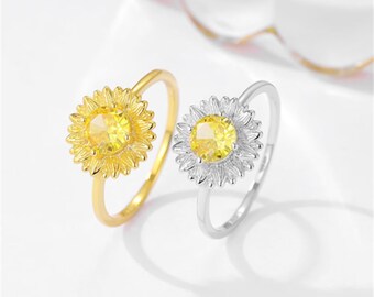 Anillo de girasol de plata 925 con baño de oro auténtico: joyería floral exquisita: el regalo perfecto de San Valentín