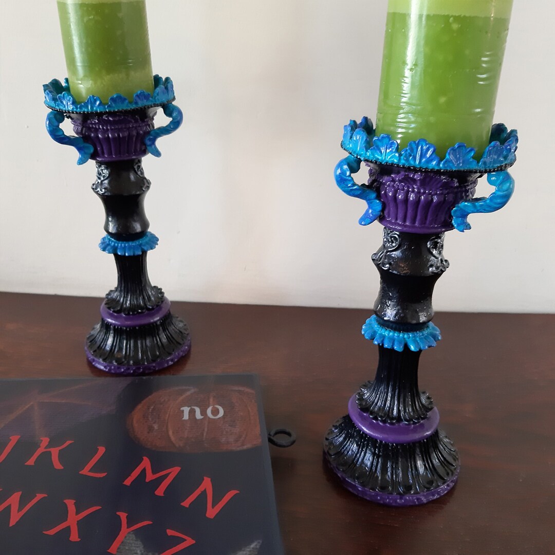 Gothic Candlestick Pair: Hand-painted Black, Purple & Blue Home Decor ...