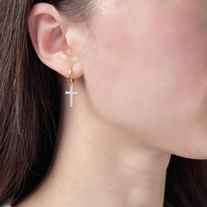 Diamond Cross Earring Small Hoops Earrings Gold Religious Earrings Drops For Baptism Gift For Christmas Earrings For Women Gift Of Communion