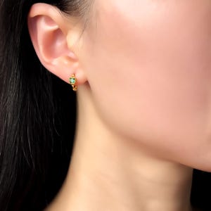 Baguette Emerald Stone Hoop Earrings Minimalist Green Gemstone Huggie Earrings For Mum Birthday Earring Gift For Women Anniversary Jewellery