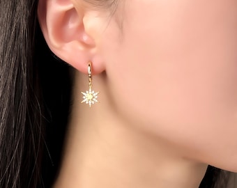 Natural Opal Hoop Earrings in Gold Plated Star Huggies Earrings Charms with Diamonds Dangle Drop Earring With Gold Star Earring Gift For Her