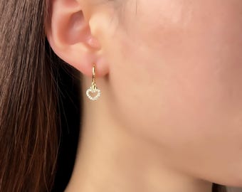 Diamond Heart Drop Earring Gold Plated Pave Hoop Earring with Dangling Heart Charm Huggies Earring For Sister Christmas Earring Gift For Her