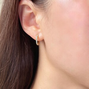 Blue Topaz Birthstone Huggie Hoop Earrings Minimalist Small Gemstone Hoop Earring In Gold & Silver Earrings For Friend Birthday Gift For Her