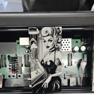 May include: A black and white illustration of a woman with a milkshake. The illustration is printed on a card that is inserted into a piece of electronic equipment. The equipment has a variety of knobs and buttons.