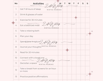 May include: A pink self-care checklist with the title "Self-Care CHECKLIST" in a decorative font. The checklist includes activities like getting sleep, drinking water, and journaling. The name "MIRTHA MORENO" is written in cursive on the checklist.