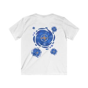 May include: White t-shirt with a blue and brown design of a swirling galaxy with stars.
