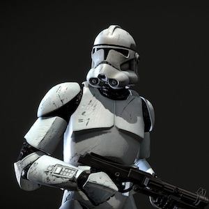 May include: A white stormtrooper action figure with a blaster rifle. The figure has a weathered, battle-worn appearance.