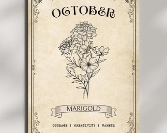 Vintage October Birth Flower Printable - Marigold Digital Wall Art - Classic Botanical Poster - October Birthday Gift - Floral Home Decor