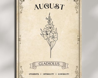 Vintage August Birth Flower Printable - Gladiolus Digital Wall Art - Classic Botanical Poster - August Birthday Gift - Floral Home Decor
