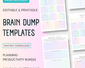 Editable Brain Dump Templates, Printable Guided Planning Worksheets, ADHD Productivity Bundle, To Do List Task Tracking in A5, A4, US Letter