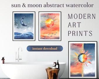 Sonne & Mond Aquarell Art Prints: Abstraktes Himmlisches Dekor (Digitaler Download)