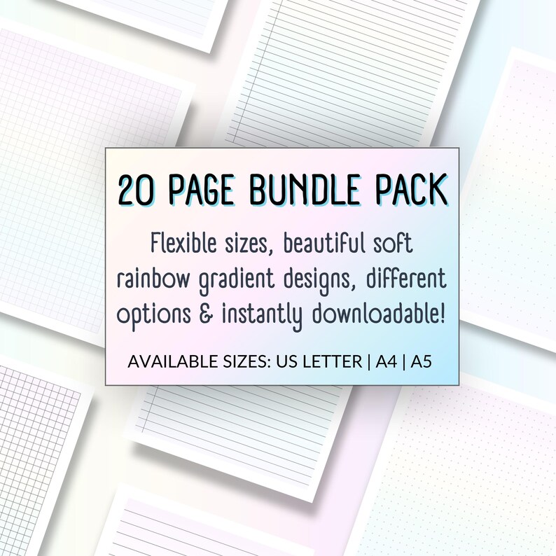 Rainbow Pastel Printable Paper, Lined, Grid, Dotted (PDF Bundle US ...