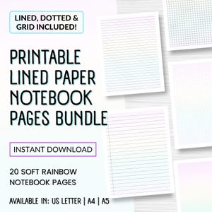 May include: A digital download of printable notebook pages. The image displays various paper styles, including lined, dotted, and grid. The text reads "Printable Lined Paper Notebook Pages Bundle" and "Instant Download". Available in A4 and A5 sizes.