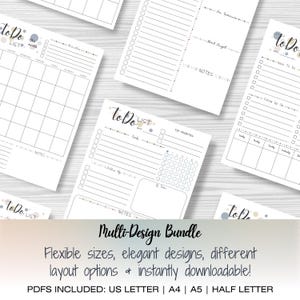 A bundle of 10 diverse to-do list templates, featuring layouts for daily, weekly, and monthly planning, goal setting, and prioritizing tasks. This digital download includes editable and printable PDFs, allowing for flexible organization and customization. Perfect for boosting productivity and staying organized.  Beautiful and fun ADHD to do list, printable, editable, productivity, planner, goals, digital download, instant download.