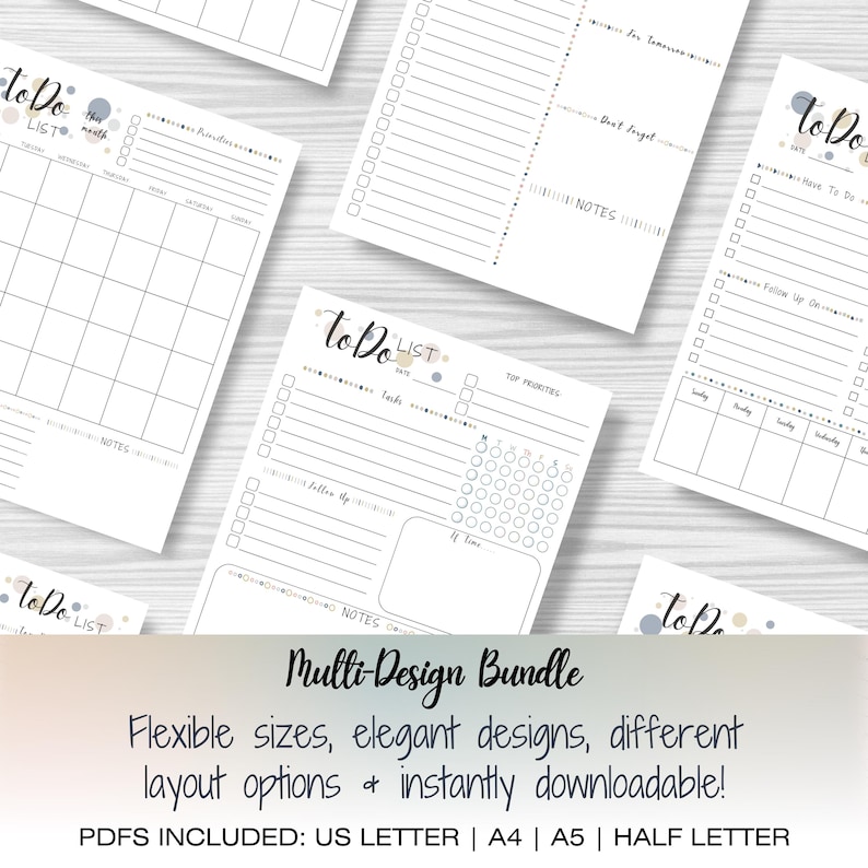 A bundle of 10 diverse to-do list templates, featuring layouts for daily, weekly, and monthly planning, goal setting, and prioritizing tasks. This digital download includes editable and printable PDFs, allowing for flexible organization and customization. Perfect for boosting productivity and staying organized.  Beautiful and fun ADHD to do list, printable, editable, productivity, planner, goals, digital download, instant download.