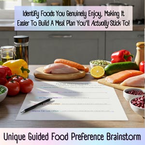 Identify Foods You Genuinely Enjoy, Making It Easier To Build A Meal Plan You'll Actually Stick To! Try Our Unique Guided Food Preference Brainstorm Worksheet! Editable & Printable ADHD meal planner, Neurodivergent meal planning, Weekly meal plan, Grocery list, Kitchen organization, Meal prep, Food inventory, Meal Time Savers, Grab & Go Food Lists, Balanced Meals and Snacks, Sensory Friendly Food Preference Brainstorm, Batch Meal Cooking Prep Planning, Easy meal planning