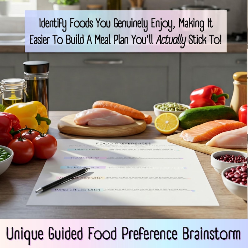 Identify Foods You Genuinely Enjoy, Making It Easier To Build A Meal Plan You'll Actually Stick To! Try Our Unique Guided Food Preference Brainstorm Worksheet! Editable & Printable ADHD meal planner, Neurodivergent meal planning, Weekly meal plan, Grocery list, Kitchen organization, Meal prep, Food inventory, Meal Time Savers, Grab & Go Food Lists, Balanced Meals and Snacks, Sensory Friendly Food Preference Brainstorm, Batch Meal Cooking Prep Planning, Easy meal planning