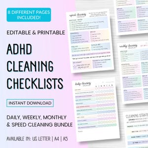 Bewerkbare ADHD-schoonmaakchecklists, schoonmaaktips en -strategieën en snelle reiniging Afdrukbare gids, dagelijks, wekelijks en maandelijks schoonmaakschema