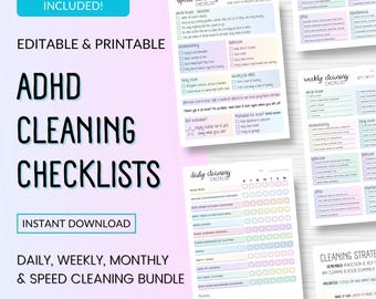 Editable ADHD Cleaning Checklists, Cleaning Tips and Strategies & Speed-Cleaning Printable Guide, Daily, Weekly, Monthly Cleaning Schedule