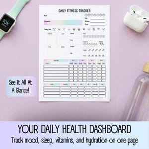 May include: A white Daily Fitness Tracker sheet with sections for goals, mood, food, and exercise. The sheet includes the text "See It All At A Glance!" and "YOUR DAILY HEALTH DASHBOARD Track mood, sleep, vitamins, and hydration on one page."