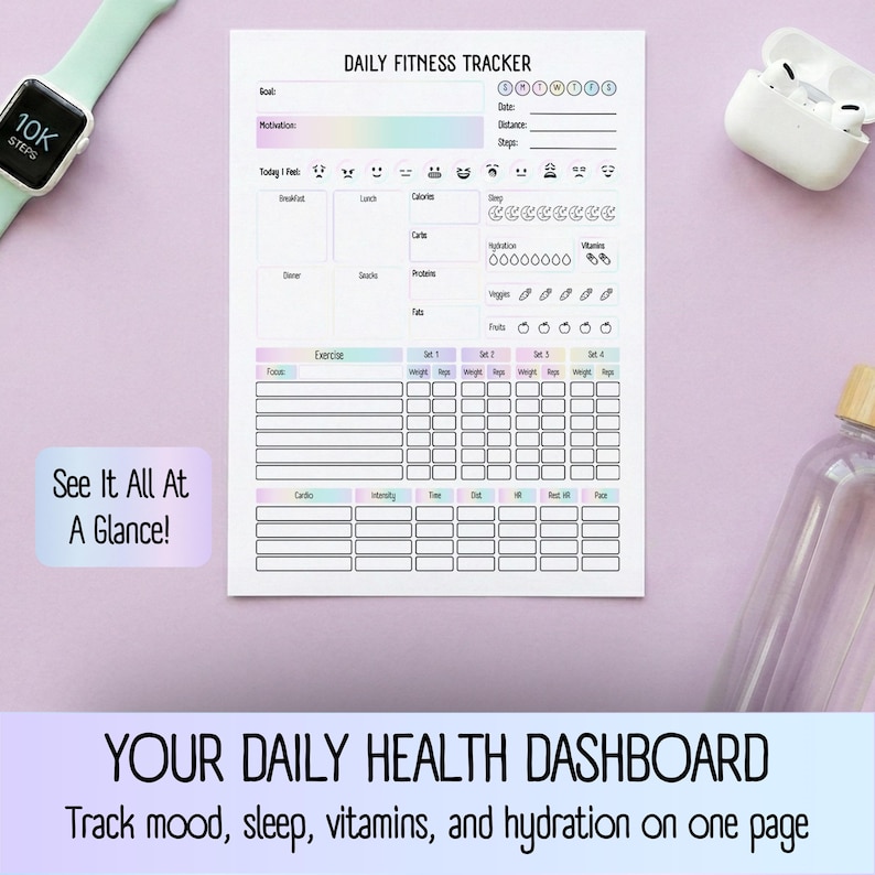 May include: A white Daily Fitness Tracker sheet with sections for goals, mood, food, and exercise. The sheet includes the text "See It All At A Glance!" and "YOUR DAILY HEALTH DASHBOARD Track mood, sleep, vitamins, and hydration on one page."
