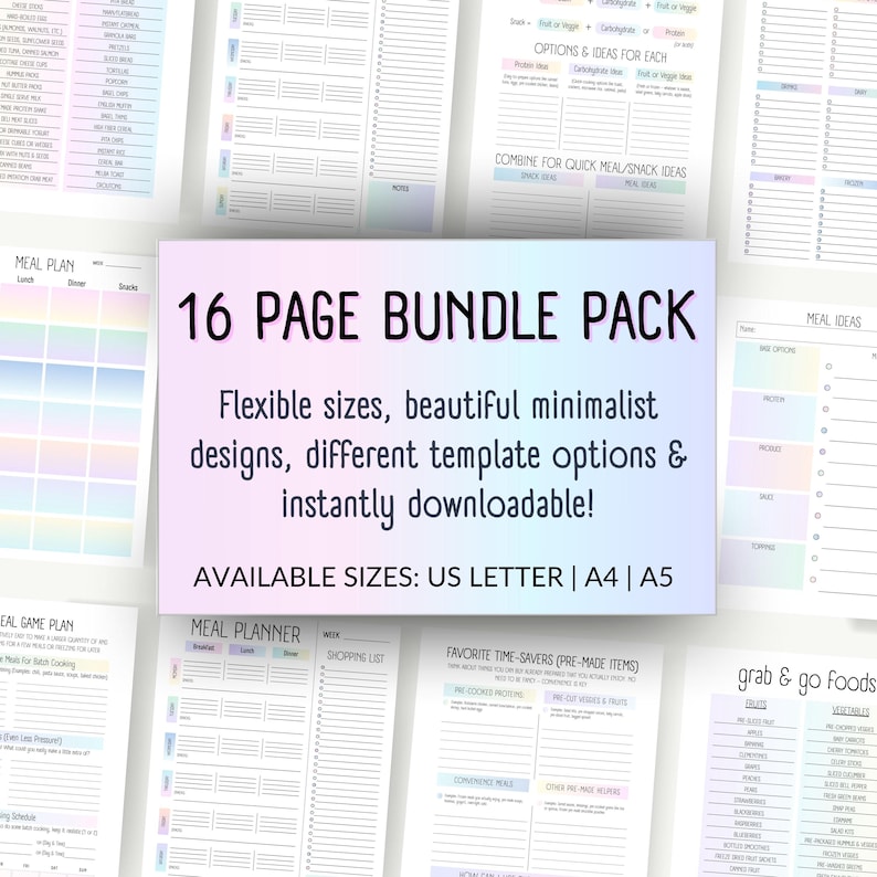16 Page Bundle Pack: Flexible sizes, beautiful minimalist designs, different template options & instantly downloadable! Available sizes: US Letter | A4 | A5 Editable & Printable ADHD meal planner, Easy meal planning, Printable meal planner, Editable meal planner, Weekly meal plan, Grocery list, Kitchen Inventory, Meal Prep & Time Savers, Grab & Go Food Lists, Balanced Meals & Snacks, Sensory Friendly Food Preference Brainstorm, Batch Meal Cooking Prep & Planning